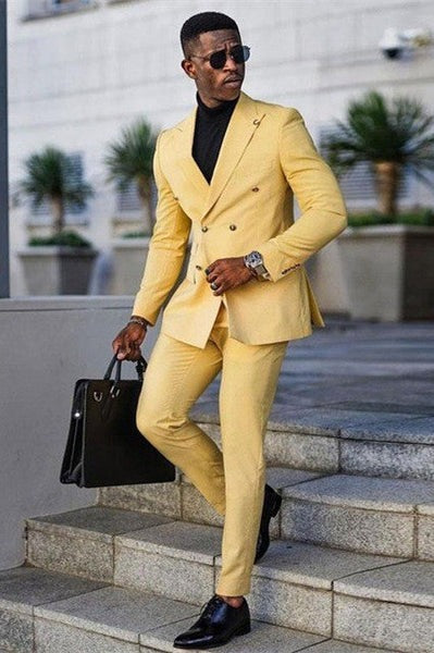 Modern Yellow Double Breasted Peaked Lapel Men's Prom Suits – Yellow Prom Suit